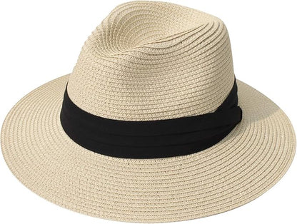 DRESHOW Women Straw Panama Hat Travel Fedora Beach Sun Hat Summer Wide Brim Straw Roll up Hat UPF 50+