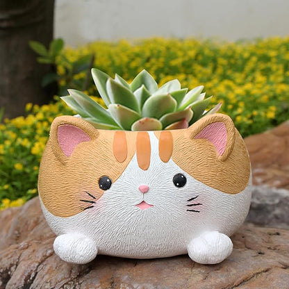 Cute Small Succulent Pots with Drainage, 10 cm Cactus Pots Cute Cat Flower Pot Resin Small Planters for Succulents, Cute Planter Animal Planter Flower Pot for Flower Cactus Garden Home Office
