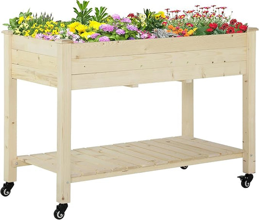 Outsunny Raised Garden Bed, 47" x 22" x 33", Elevated Wooden Planter Box w/Lockable Wheels, Storage Shelf, and Bed Liner for Backyard, Patio, Natural