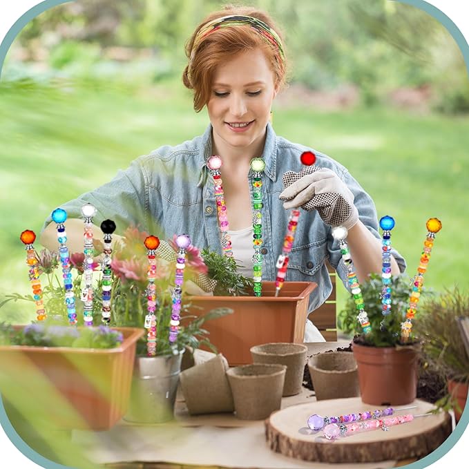 Tigeen 236 Pcs Garden Stake DIY Fairy Wand Plant Stake with 12 Colorful Crystal Stopper Top 12 Threaded Rod with 200 Large Hole Bead for Spring Summer Holiday Outdoor Decorations(Modern)