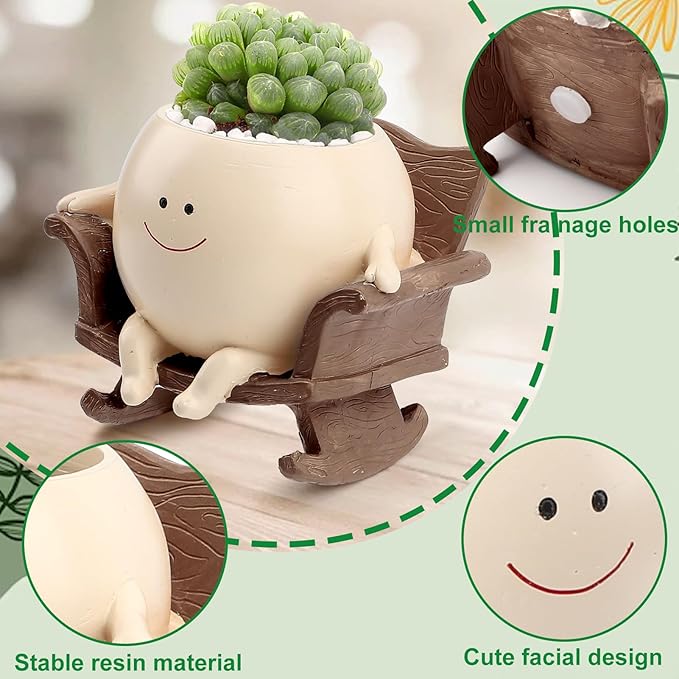 Cute Resin Flower Head Planters, Smily Face Planter Pots for Indoor Plants, Sit Rocking Chair Succulent Flower Pots with Drainage Hole, Gift IdeaI for Birthday