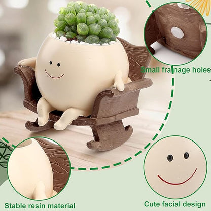 Cute Resin Flower Head Planters, Smily Face Planter Pots for Indoor Plants, Sit Rocking Chair Succulent Flower Pots with Drainage Hole, Gift IdeaI for Birthday