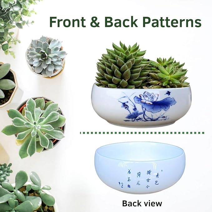 Lotus Bowl Planter, Ceramic Water Lily Bowl, Hydroponic Bonsai Lotus Bowls for Water Plants Indoor, Succulent Pots, Leak-Proof Design (7.68in*2.95in)