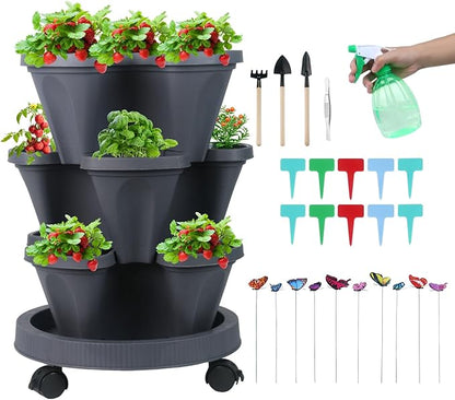 Vertical Planter 3 Tier Stackable Planters Garden Planters Strawberry Herb Flower and Vegetable Planter Indoor Outdoor Gardening Pots with Removable Wheels and Tools