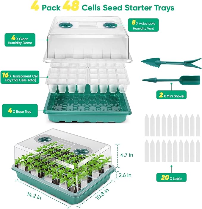 192 Cell Seed Starter Tray, Seed Starter Kit with Adjustable Humidity Dome, Seed Starting Trays Plant Starter Kit for Seeds Growing Starting, Indoor Gardening, Greenhouse (No Grow Light)