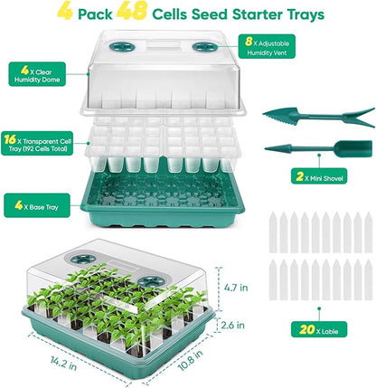 192 Cell Seed Starter Tray, Seed Starter Kit with Adjustable Humidity Dome, Seed Starting Trays Plant Starter Kit for Seeds Growing Starting, Indoor Gardening, Greenhouse (No Grow Light)
