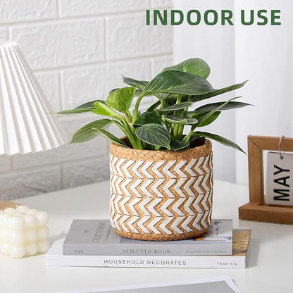 Concrete Rattan-Style Plant Basket Planter, 5" Outdoor Indoor Plant Pots with Drainage Hole, Boho Flower Pot for Succulents, Herbs, Modern Farmhouse Decor, Ideal Gift for Plant Lovers