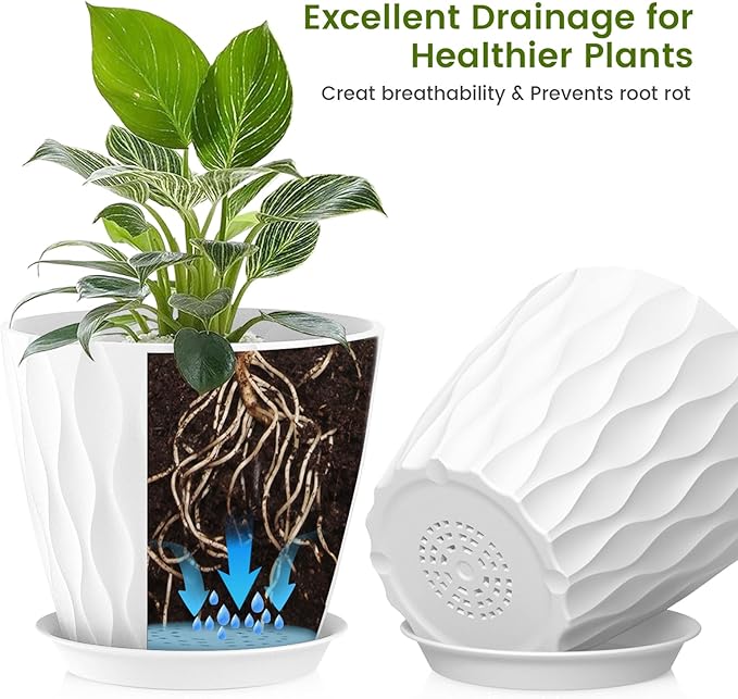 8 Inch Plant Pots, 4 Pack Plastic Planters for Indoor Outdoor with Drainage Holes & Saucers, Waffle Texture Flower Pots for Indoor Plants, Indoor Plant Pots for Monstera, Fiddle Leaf Fig, White