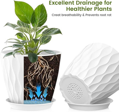 8 Inch Plant Pots, 4 Pack Plastic Planters for Indoor Outdoor with Drainage Holes & Saucers, Waffle Texture Flower Pots for Indoor Plants, Indoor Plant Pots for Monstera, Fiddle Leaf Fig, White