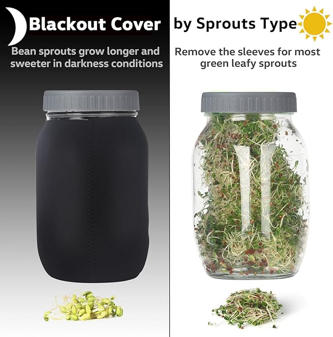 Complete Sprouting Jar Kit| 2 Wide Mouth Mason Jars, 316 Screen Sprout Lids, Blackout Sleeves, Tray, Stand| Sprouter Set for Growing Broccoli, Alfalfa and More-Seeds not Included