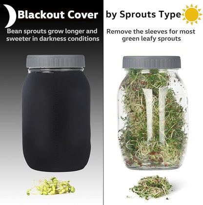 Complete Sprouting Jar Kit| 2 Wide Mouth Mason Jars, 316 Screen Sprout Lids, Blackout Sleeves, Tray, Stand| Sprouter Set for Growing Broccoli, Alfalfa and More-Seeds not Included