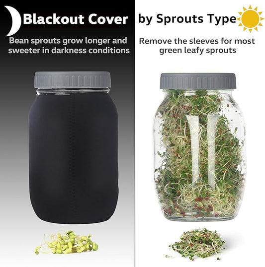 Complete Sprouting Jar Kit| 2 Wide Mouth Mason Jars, 316 Screen Sprout Lids, Blackout Sleeves, Tray, Stand| Sprouter Set for Growing Broccoli, Alfalfa and More-Seeds not Included