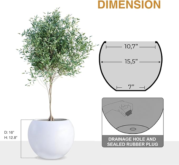12.8" H x 16" D Globo Fiberstone Round Planter with Drainage Hole, Smooth Finishes, Weather Resistant for Indoor and Outdoor Use, Included 2 Extra Coco Mats (White, 10.7" Pot Opening)