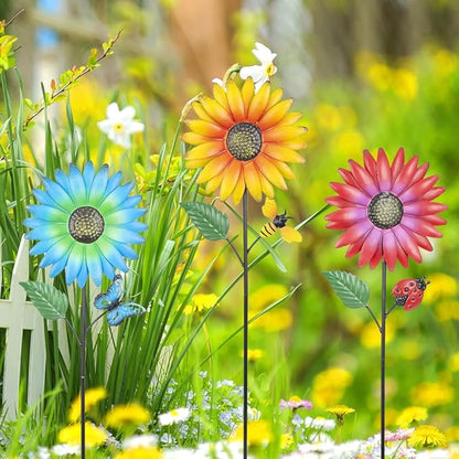 Stargarden Metal Flower Garden Stakes, 3 Pcs Decorative Garden Stakes, Colorful Metal Flowers Garden Decor, Waterproof Lawn Ornaments for Indoor, Outdoor