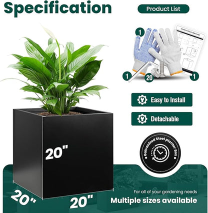 Galvanized Steel Planter Box Black Metal Planter 20Inch Large Square Indoor Outdoor Planters Cube Steel Heavy Duty Flower Pot Powder Coating Modern Commercial Residential for Patio, Deck, Yard, Garden