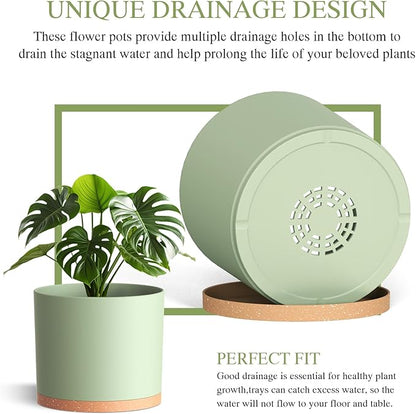 (3 Pack) 10 Inch Plant Pot with Drainage and Saucers, 10/9/8 Inch Plastic Plant Pots for Indoor Plants, Modern Round Planter Set for Flowers, Herbs, Garden Decor (Green-Brown)