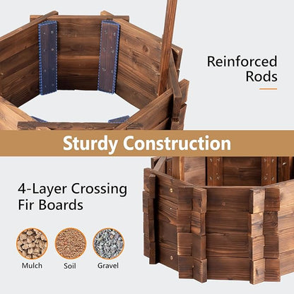 VINGLI Wooden Wishing Well Outdoor Planters, Well Covers for Yard with 4 Reinforced Rods, Height Adjustable Hanging Bucket, Rustic Flower Pot Home Decor for Outside Patio Garden