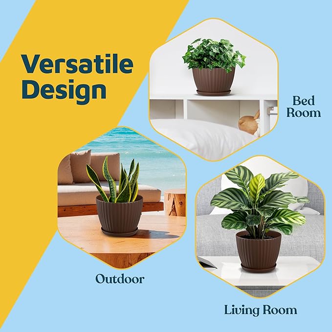 Brown 6-Inch Plant Pots with Drainage & Saucers 12 Pack, Indoor & Outdoor Planters for Houseplants, Herbs, and Flowers, Durable & Weatherproof Material, Stackable, Lightweight, Minimalist Design