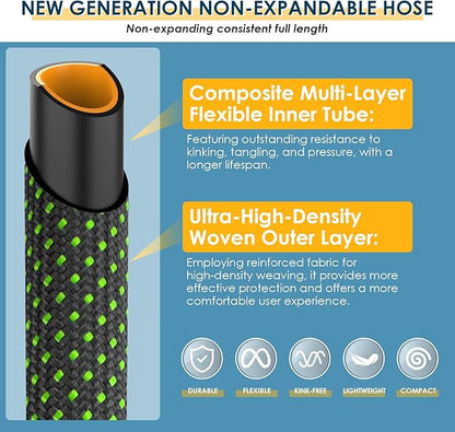 Non-Expandable Garden Hose 100 FT, Lightweight Hose with 10 Function Spray Nozzle, Kink-Free Flexible Water Hose, Durable, Leak-Proof, 360° Swivel Connectors, Portable Storage Strap