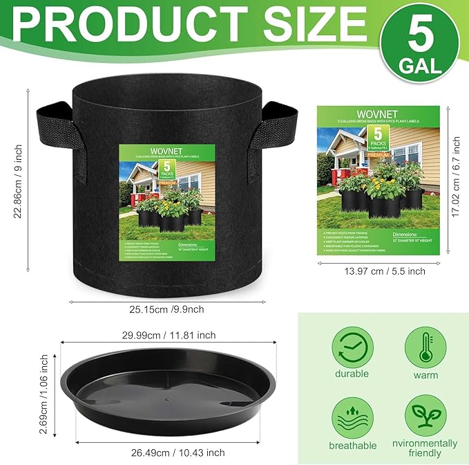 5 Pack 3 Gallon Grow Bags with 5 Plant Saucer and 5 Labels, Sturdy Fabric Plant Pots, Fabric Garden Grow Bags for Vegetables, Aeration Pots with Handles