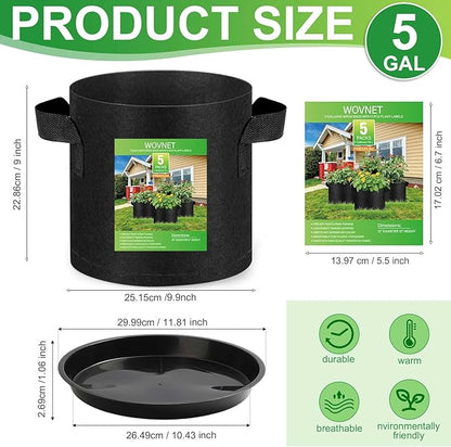 5 Pack 3 Gallon Grow Bags with 5 Plant Saucer and 5 Labels, Sturdy Fabric Plant Pots, Fabric Garden Grow Bags for Vegetables, Aeration Pots with Handles