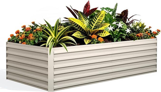 GarveeLife 8x4x2 ft Galvanized Raised Garden Bed, 24" Tall Metal Planter Box for Flowers Vegetables, Rust-Resistant Raised Garden Beds for Gardening, Easy Assembly Outdoor Garden Box & Planters,Beige