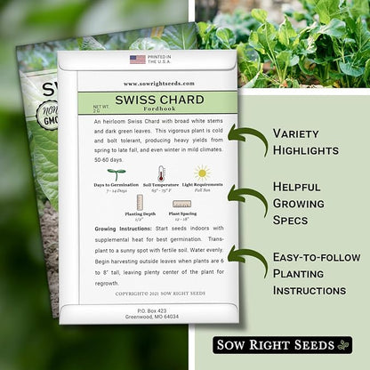 Sow Right Seeds - Fordhook Swiss Chard Seed for Planting - Non-GMO Heirloom Packet with Instructions to Plant and Grow an Outdoor Home Vegetable Garden - Nutritious, Flavorful - Great Gift (4)