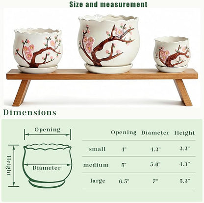 Vintage Flower Pots for Indoor Plant, Round Ceramic Plant Pots with Drainage Holes and Saucers, 6.7/5.2/3.9 Inches Retro Flower Planters Set of 3 (Cherry Blossom)