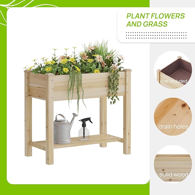 Raised Garden Bed with Legs, Wooden Raised Garden Bed with Storage Shelf, 34x18x30.7in, Elevated Wood Planter Box for Vegetables Flowers Herbs, Garden Planter for Backyard Patio Balcony (Natural, S)