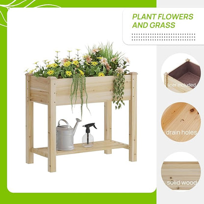 Raised Garden Bed with Legs, Wooden Raised Garden Bed with Storage Shelf, 34x18x30.7in, Elevated Wood Planter Box for Vegetables Flowers Herbs, Garden Planter for Backyard Patio Balcony (Natural, S)