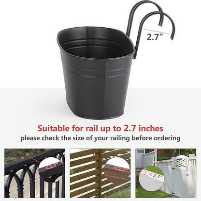 Dahey 10.5 Inch Metal Iron Hanging Flower Pots for Railing Fence Hanging Bucket Pots Countryside Style Outdoor Planter Window Flower Plant Holder with Detachable Hooks Home Decor, Black,4 Pcs