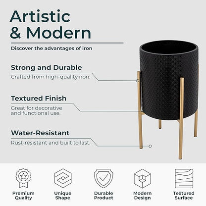 Decorative Flower Pots with Metal Stand for Home Decor - Modern Planters for Hallway, Entryway, and Living Room Decor - Indoor and Outdoor Pots for Plants - Set of 2, 23", 19", Black & Gold