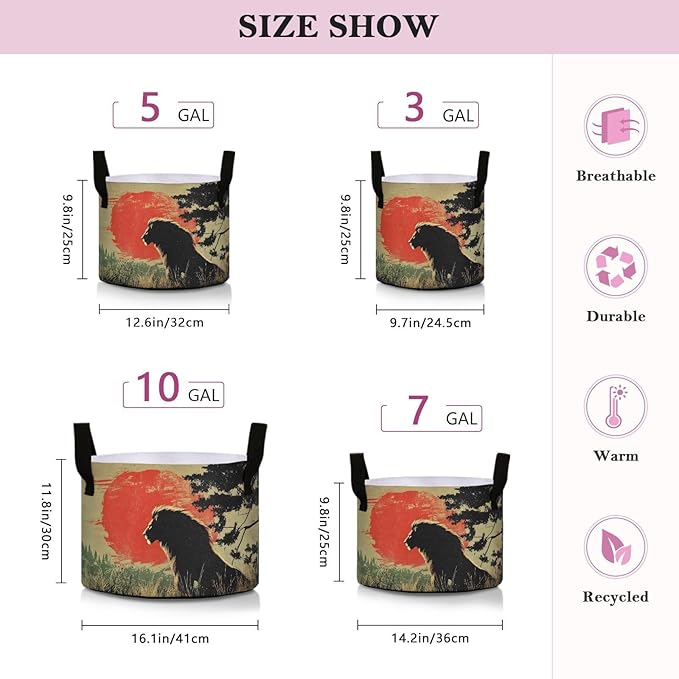 Fabric Plant Grow Bags Lion Sunset Print, 10 Gallon Planting Pots Thickened for Gardening