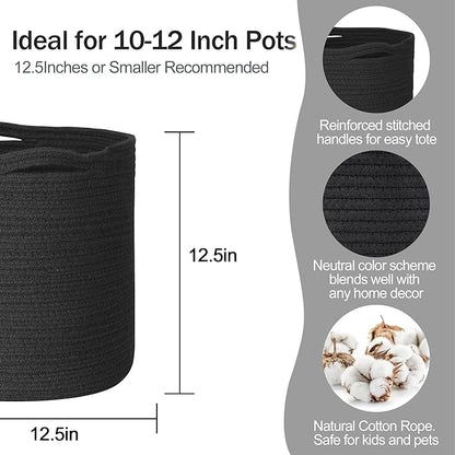 Cotton Rope Plant Basket, Woven Basket Planter for 11 inch Pot, Round Indoor Tree Pot Cover, Storage Bin Organizer, Modern Planter and Home Decor, 12.5”X12.5”, Black