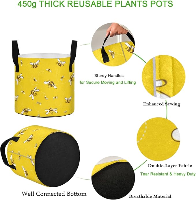 3 Gallon Flying Bees Yellow Floral Breathable Tomato Grow Bags Heavy Duty Plant Pot Containers with Handles for Potato Fruits Flowers Vegetables
