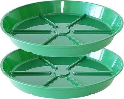 Plant Saucer Pot Tray 14 inch, 2 Packs Flower Planter Saucers and Drip Trays, Heavy Duty Round Plastic Flower Plant Dish Pant Plate to Catch Water for Indoor & Outdoor, Green