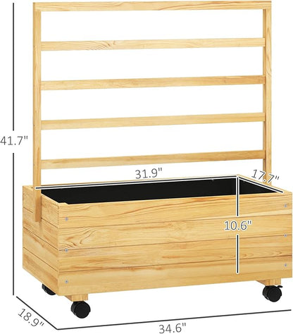 Outsunny Raised Garden Bed with Trellis and Wheels, Outdoor Wooden Elevated Planter Box, Freestanding Raised Flower Bed for Climbing Plants, Flowers, Herbs and Vegetables, Natural