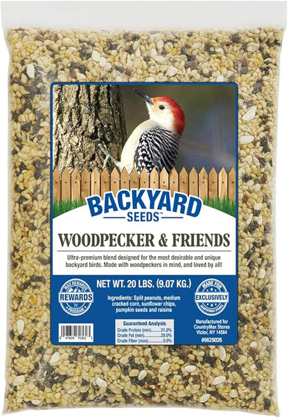 CountryMax Backyard Seeds Woodpecker No-Waste Bird Seed Mix 40lbs - Premium Shelled Peanuts & Sunflower Chips, Two Medium Bags of Wild Bird Food