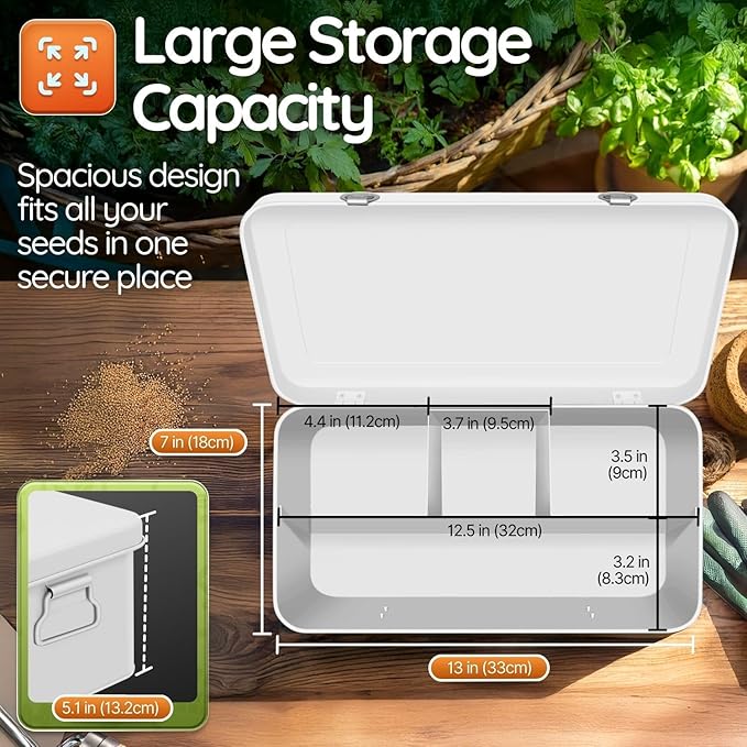 Flexzion Seed Saving Box - Metal Seed Storage Organizer Box with Lid, 4 Spacious Compartments Storage Bin for Garden Tools & More with Safety Locks, White