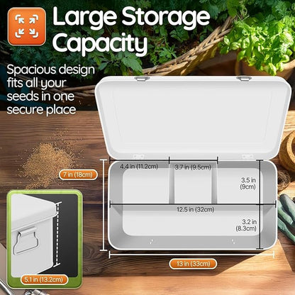 Flexzion Seed Saving Box - Metal Seed Storage Organizer Box with Lid, 4 Spacious Compartments Storage Bin for Garden Tools & More with Safety Locks, White