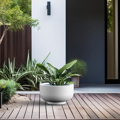 Kante 13.8 Inch Dia Concrete Bowl Planter, Large Tapered Bottom Plant Pot with Drainage, Smooth White Finish with Painted Interior, Ideal for Porch, Home, Garden, Patio