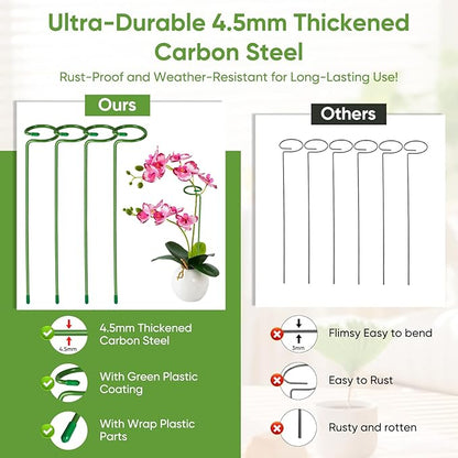 12 Pack Plant Support Stakes with 24 Pcs Plant Clips, Garden Single Stem Support Stake, Plant Cage Support Ring for Indoor Outdoor Flowers Rose Amaryllis Tomatoes Peony Lily Orchid