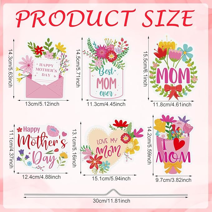 Weysat 6 Pcs Mother's Day Plant Stakes Flower Pots Signs Metal Garden Stakes Outdoor Decorative I Love You Mom Heart Flowers for Home Outdoor Lawn Decor Mothers Day Party Supplies