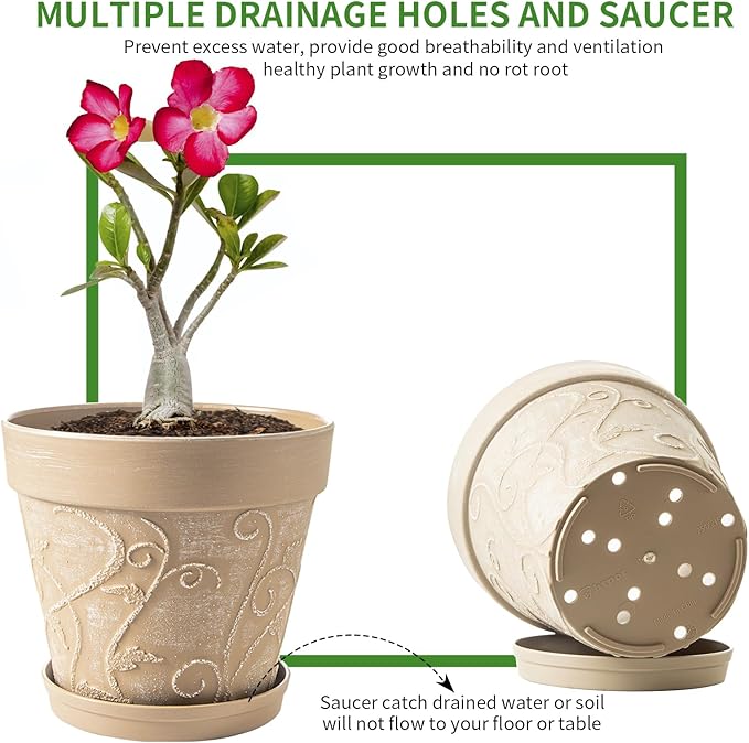 Melphoe Plant Pots Indoor with Drainage & Saucer, 2Pack 10 inch Flower Pots Outdoor Planters for Indoor Plants Garden Home Decor Cactus Succulent, Rigid Plastic (Imitation-Terracotta) Vine-Embossed