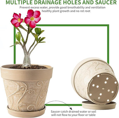 Melphoe Plant Pots Indoor with Drainage & Saucer, 2Pack 10 inch Flower Pots Outdoor Planters for Indoor Plants Garden Home Decor Cactus Succulent, Rigid Plastic (Imitation-Terracotta) Vine-Embossed