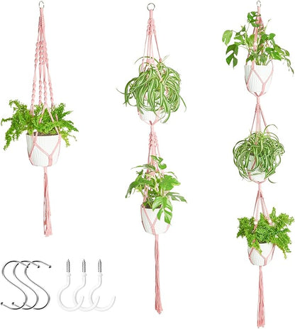 XXXFLOWER 3 Pack Macrame Plant Hanger Indoor Set with Hooks Handmade Woven Cotton Rope Flower Pot Crochet Plant Holder Stand Boho Plant Decor Hanging Planter Baskets Set of 3 with Beads Pink