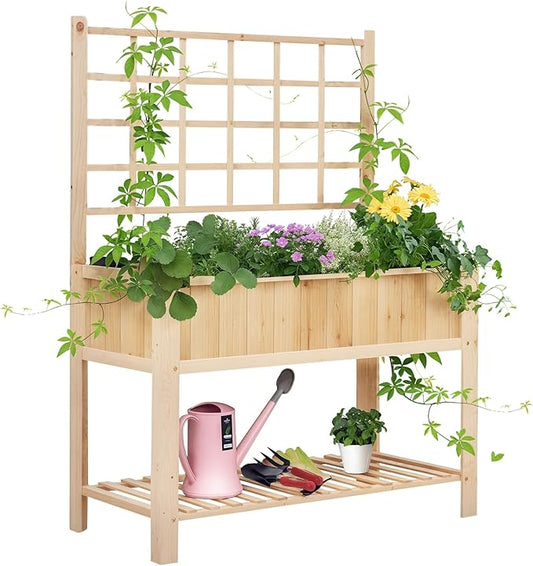 Outsunny 47'' Wooden Raised Garden Bed with Trellis, Coutryside Style Elevated Planter Box Stand with Open Storage Shelf, Spacious Planting Area for Vegetables, Herbs, Flowers