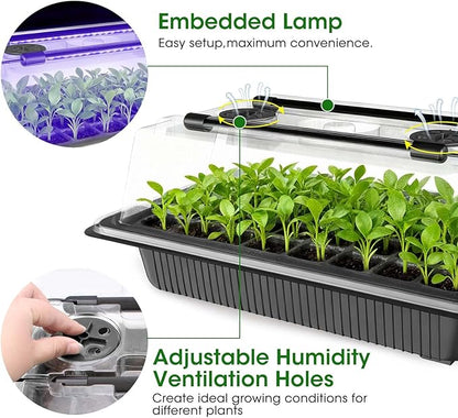 MQUPIN 80-Cell Seed Starter Tray with Grow Light, 2-Pack Adjustable Brightness Seed Starter Kit with Humidity Dome,Smart Timer,Watering Sprayer,Seeder,Plant Germination Kit for Seeds Growing