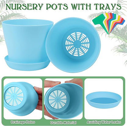 Aodaer 24 Pack 4 Inch Plastic Planters with Multiple Drainage Holes and Tray Indoor Outdoor Flower Plant Nursery Pots with Labels Flower Seedling Pots for Herb Garden Home Succulents, Blue