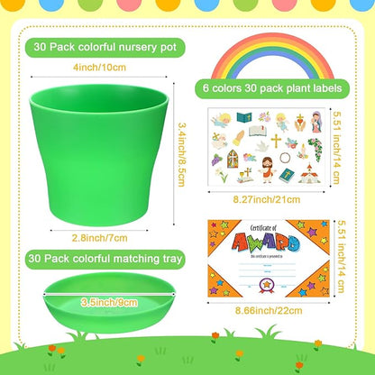 Domensi 30 Set Flower Pot Craft for Kids Bulk Spring Craft 4 Inch Garden Plastic DIY Plant Pot with Tray 30 Sheet Christian Sticker and 30 Certificates Card for Classroom School Mother's Day(Colorful)